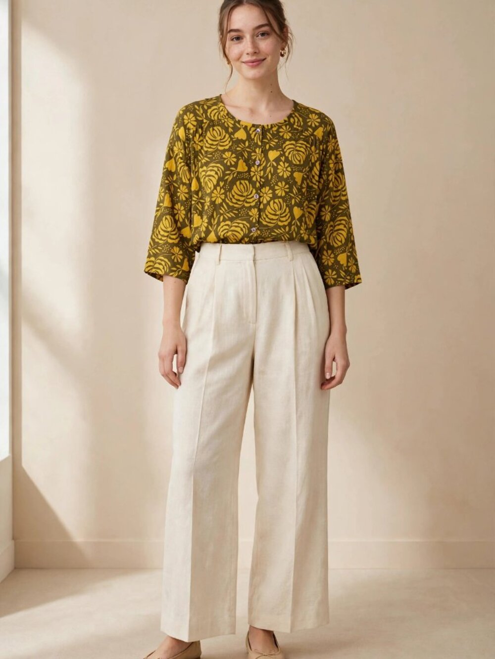 Gudrun Sjoden Hedda Blouse Floral Button Front 3/4 Sleeve NWT Size M